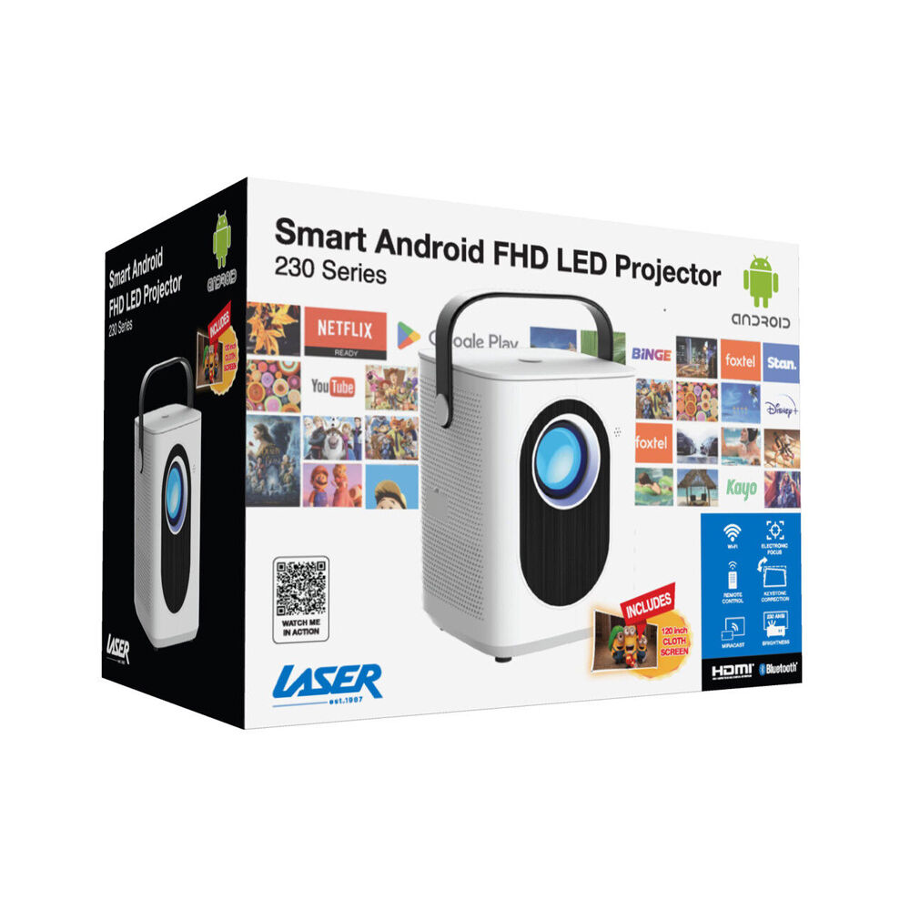 Laser White WiFi Support Cube 1080p Android LED Projector w/ 120in Screen — image 3