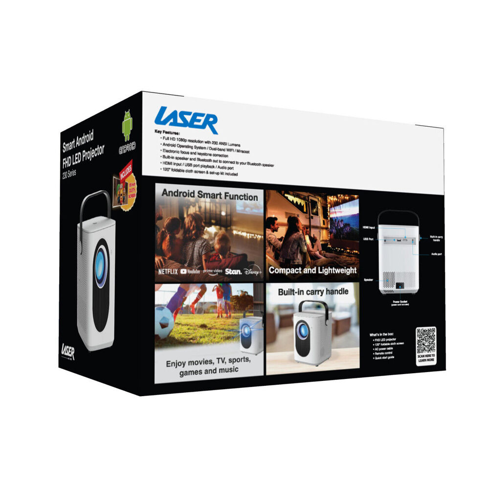 Laser White WiFi Support Cube 1080p Android LED Projector w/ 120in Screen — image 4