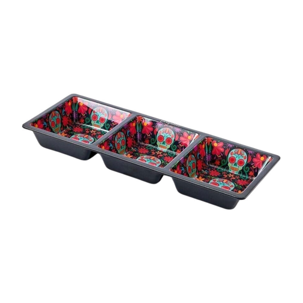Prepara 37x15cm Black Melamine 3-Section Serving Saucer Tray Day of the Dead Ed