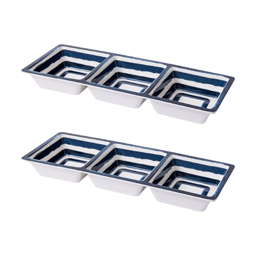 Prepara Three Section Tray Coastal Stripe Kitchenware Melamine - White/Blue (2 Pack)