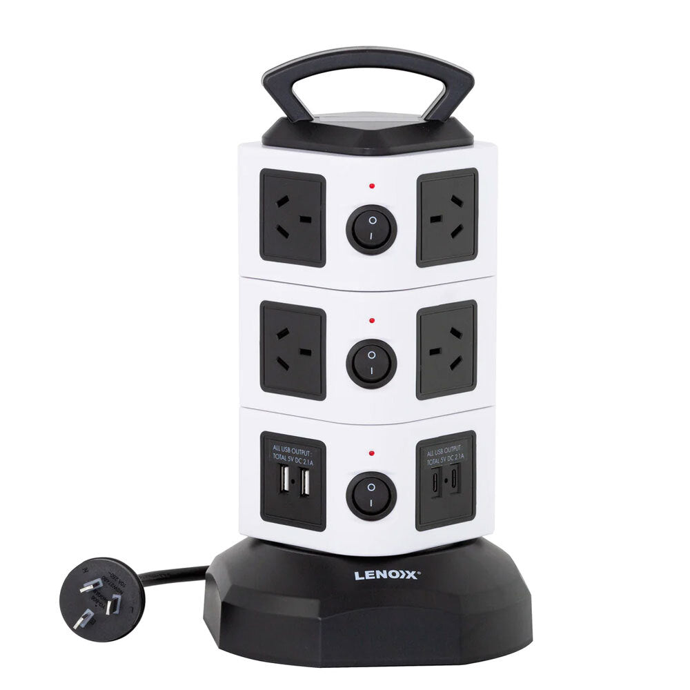 Lenoxx 10 Outlets Fast Charging Power Tower Board w/ 4 USB Charging Points