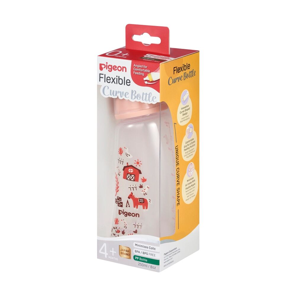 Pigeon Flexible Curve Baby Bottle PP Farm 250ml Silicone Nipple Anti-Colic 4m+