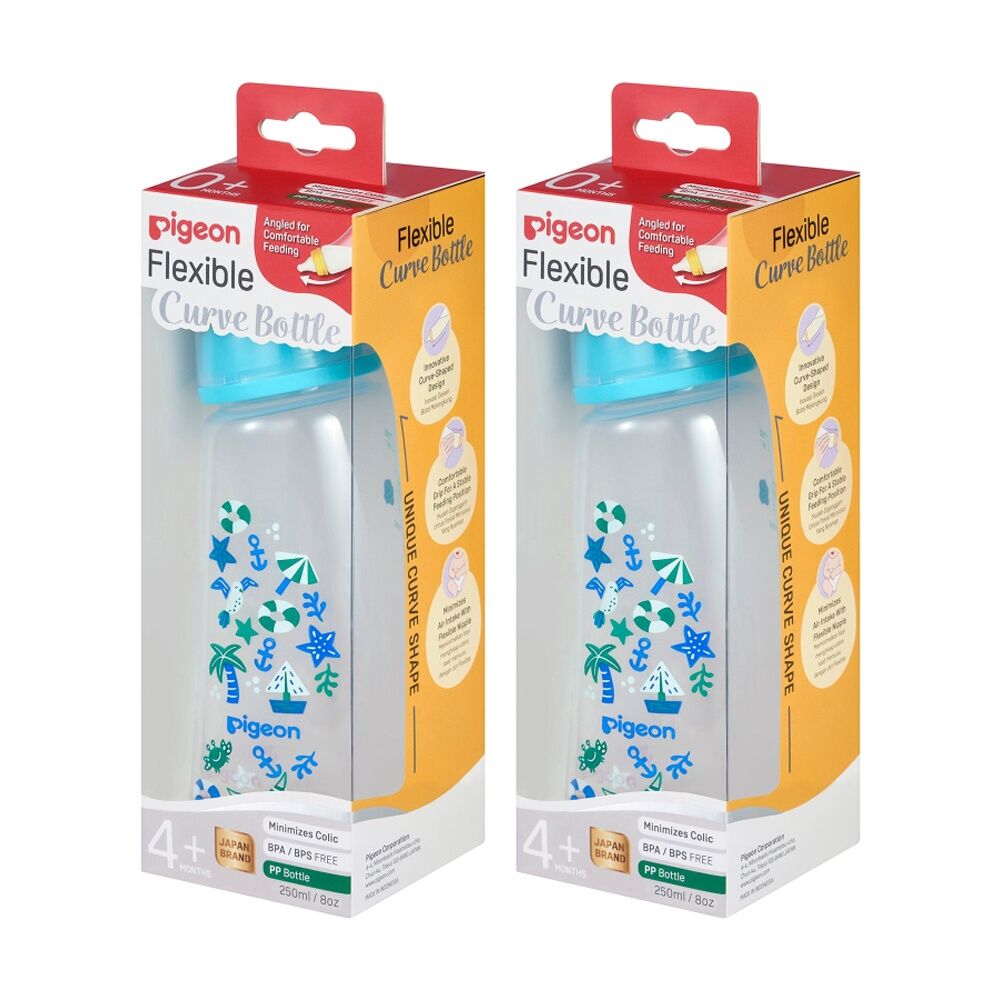 Pigeon Flexible Curve Baby Bottle PP Beach 250ml Anti-Colic Silicone 4m+ (2 Pack)