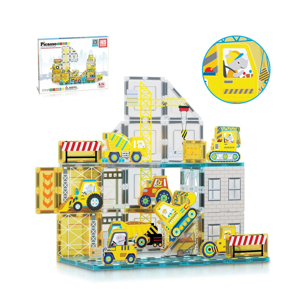 Picasso Tiles Construction Kids/Children Magnetic Tile Set w/ Vehicles 3y+