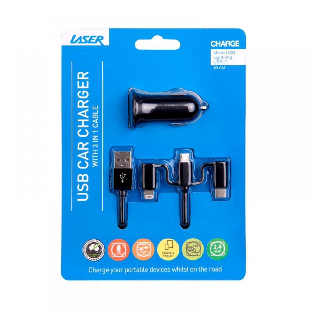 Laser 2.4A USB Car Charger w/ 3in1 Charging Cable 50cm For iPhone/Samsung Black — image 3