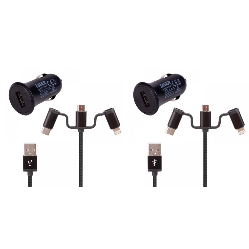Laser 2.4A USB Car Charger w/ 3in1 Charging Cable 50cm - Black (2 Pack)
