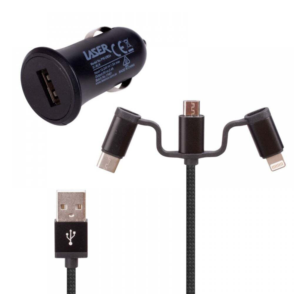 Laser 2.4A USB Car Charger w/ 3in1 Charging Cable 50cm For iPhone/Samsung Black