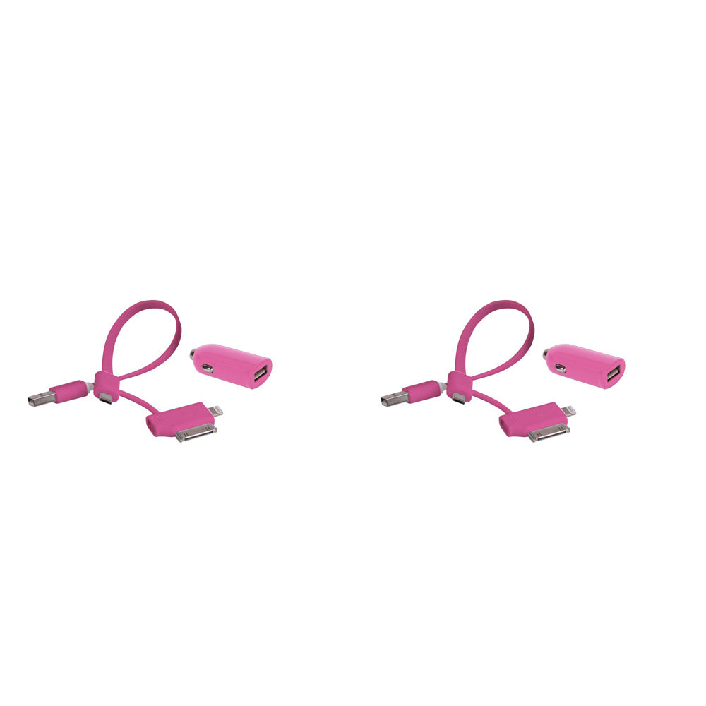 Laser 2.4A USB Car Charger w/ 3in1 Cable Cord - Pink (2 Pack)