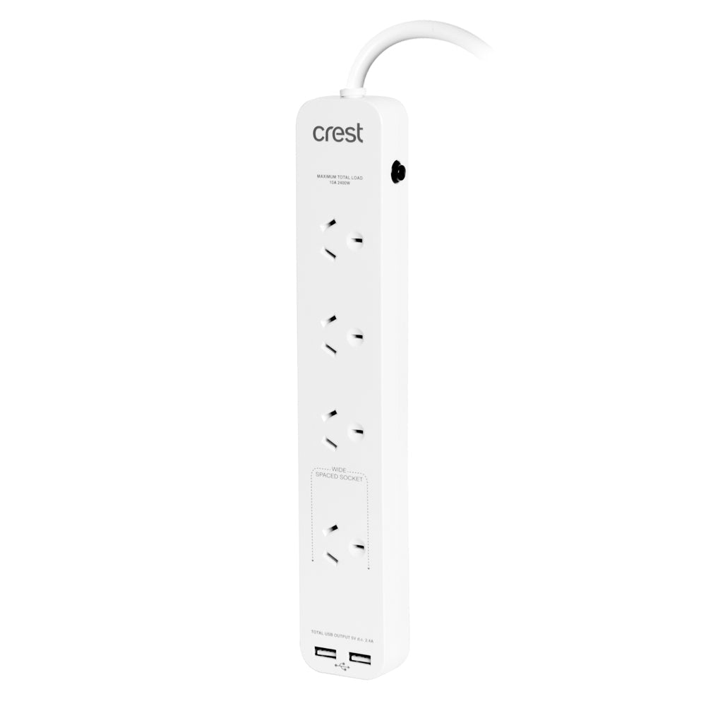 Crest 4-Socket Power Board Strip Charging Outlet Plug w/ 2x USB-A Ports White — image 3