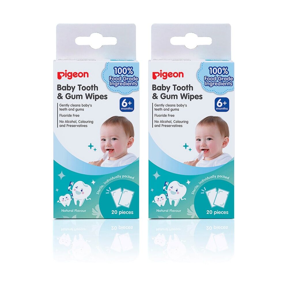 Pigeon 20pc Pigeon Baby Tooth & Gum Wipes Flouride Free Sterilised Sachets 6m+ (2 Pack)