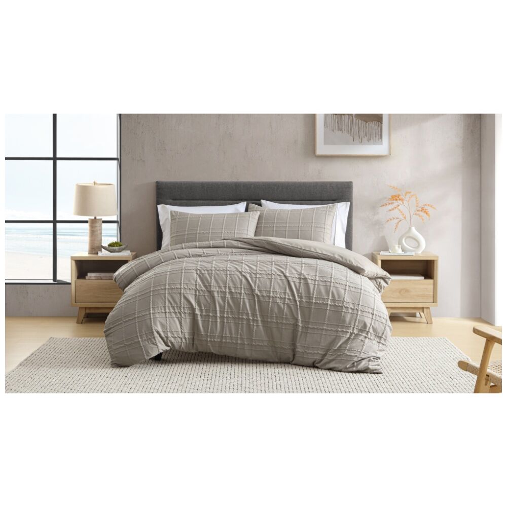 Ardor Subtle Textured Check Leonard Quilt Duvet Cover Set Mocha