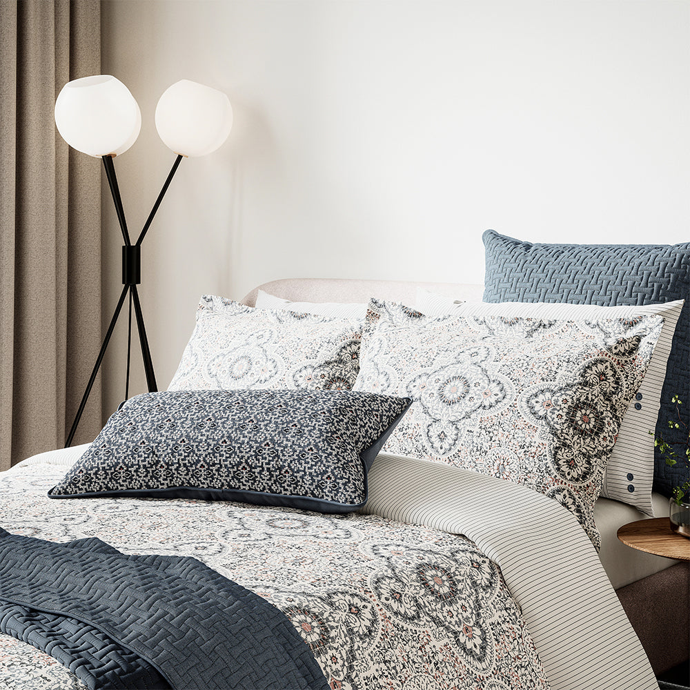 Bedeck Nena Size Queen Bed Duvet Quilt Cover Set With Pillowcases Denim/Coral — image 2