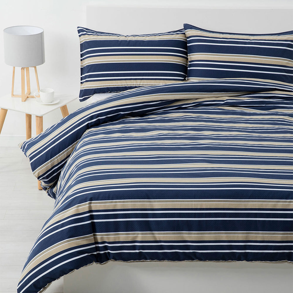 Jason Commercial King Bed Brighton Quilt Cover Set 240x210cm Blue/Oatmeal Stripe