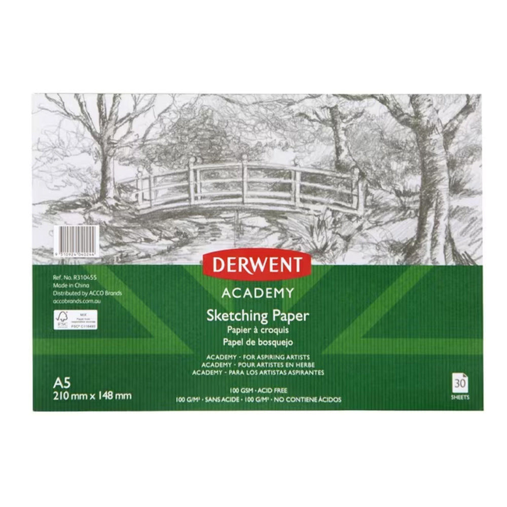 Derwent Academy Art/Craft Sketching Paper Pad A5 Landscape 30 Sheet 100Gsm (5 Pack)