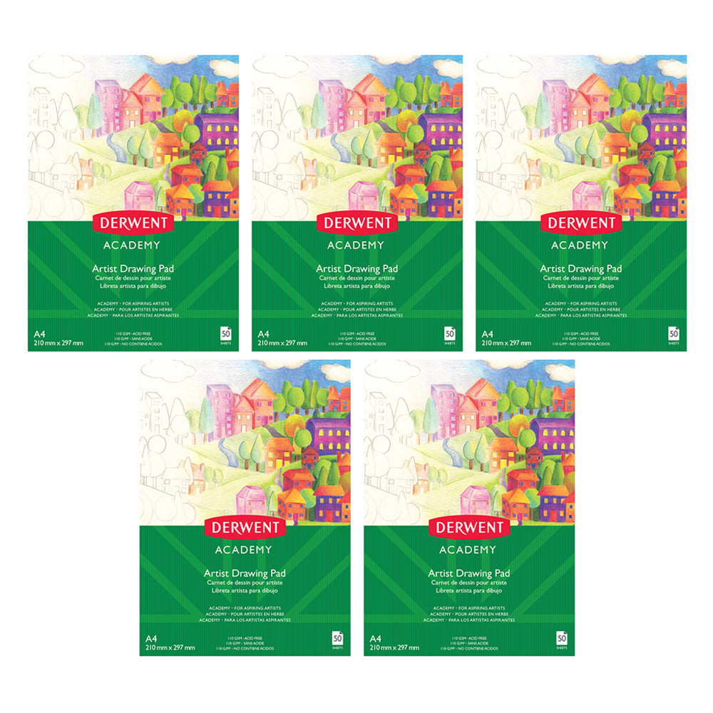 Derwent Academy Art Drawing/Sketch Paper Pad A4 Portrait 50 Sheet 110Gsm (5 Pack)