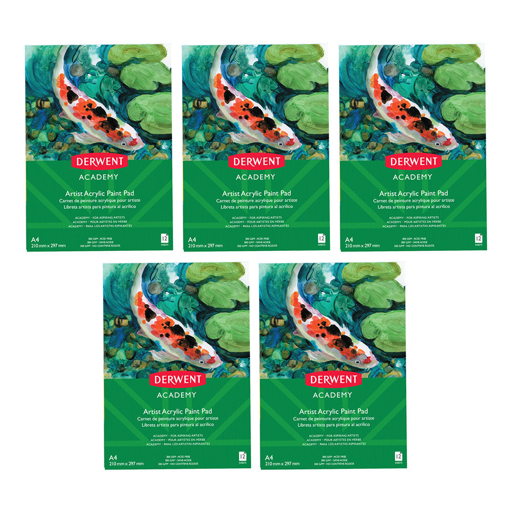 Derwent Academy Art/Craft Acrylic Paint Paper Pad A4 Portrait 12 Sheet 300Gsm (5 Pack)