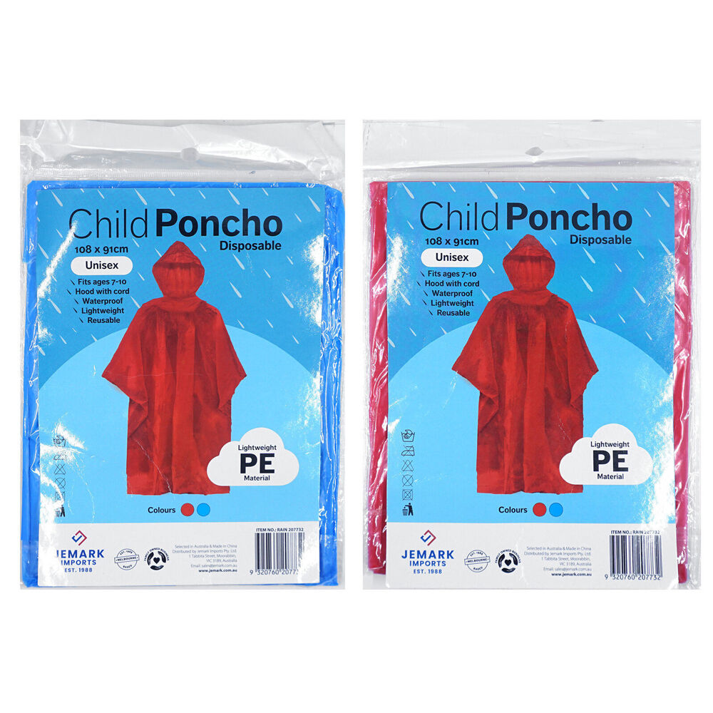 Jemark 108x91cm Childrens Lightweight Waterproof Poncho Rain Cover Assorted — image 2