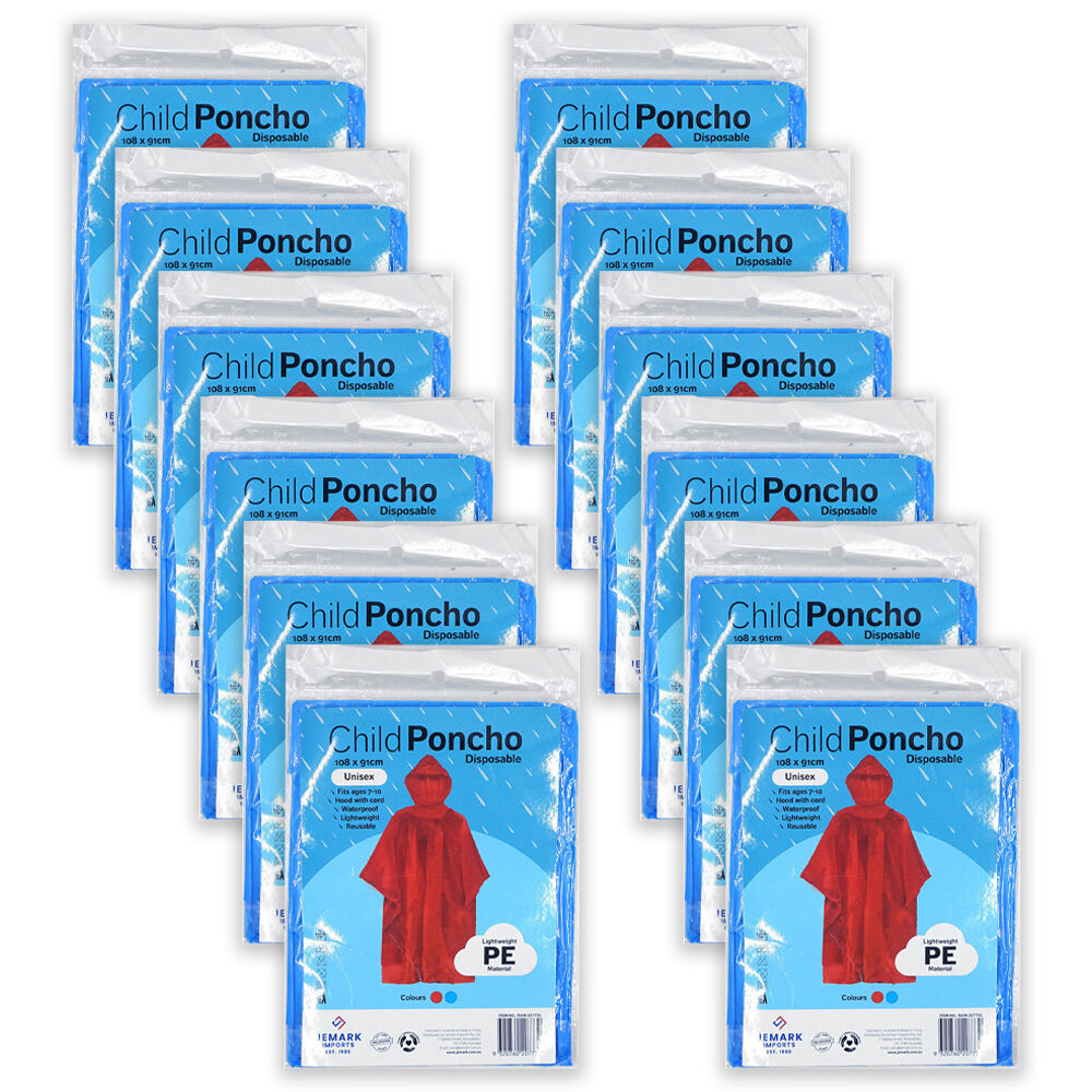Jemark Childrens Lightweight Waterproof Poncho Rain Cover 108x91cm Assorted (12 Pack)