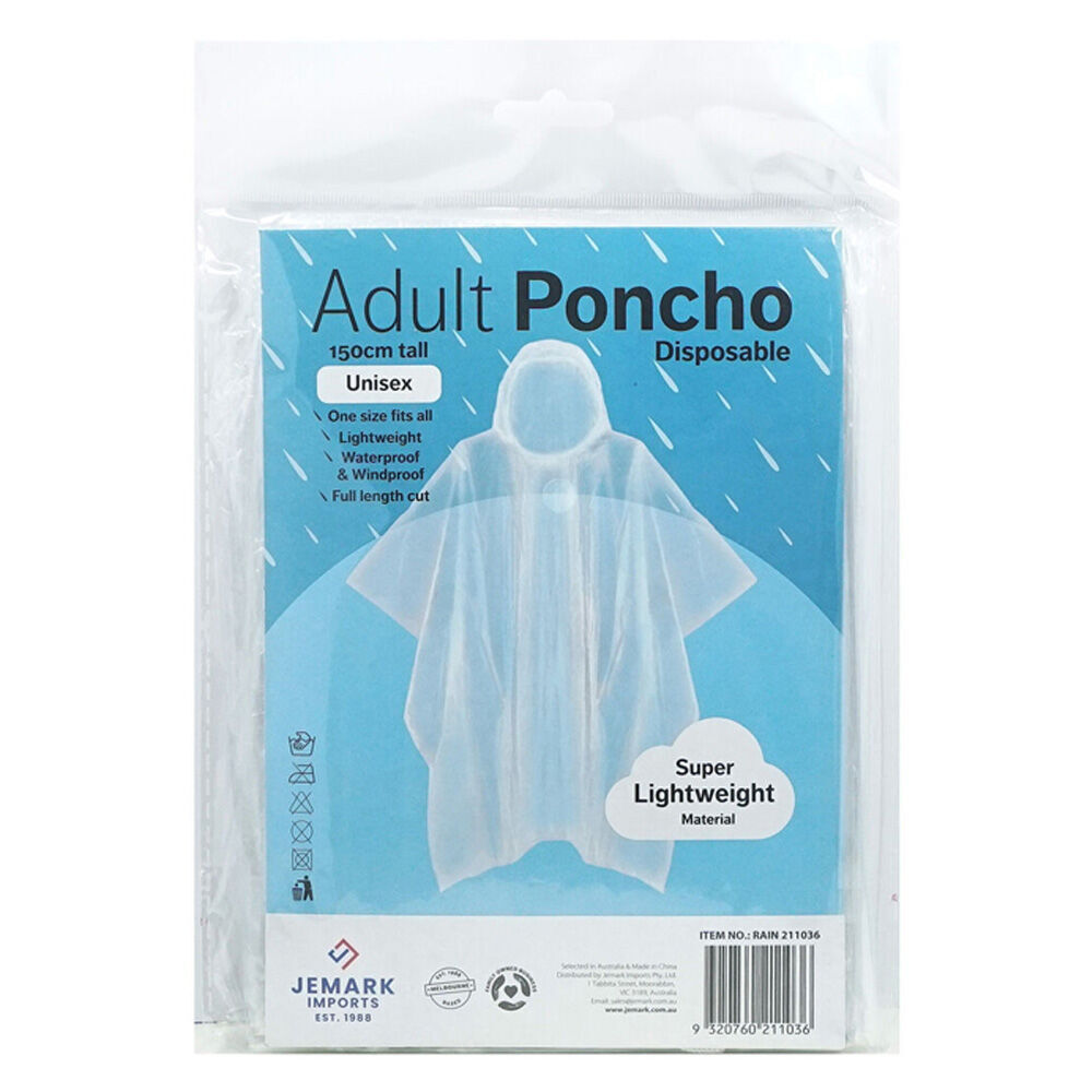 Jemark Adult Lightweight Waterproof Poncho Rain Cover 150cm Clear (12 Pack) — image 2