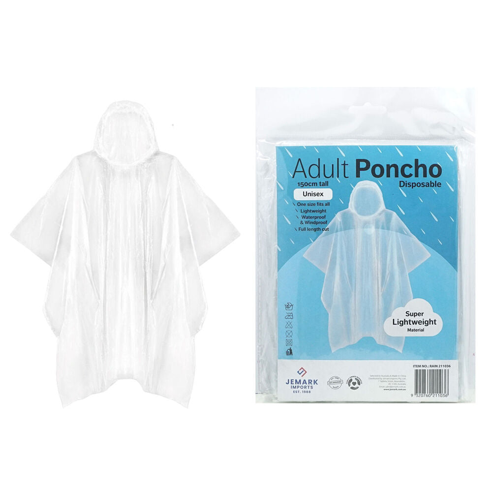 Jemark 150cm Clear Adult Lightweight Waterproof Poncho Rain Cover — image 2