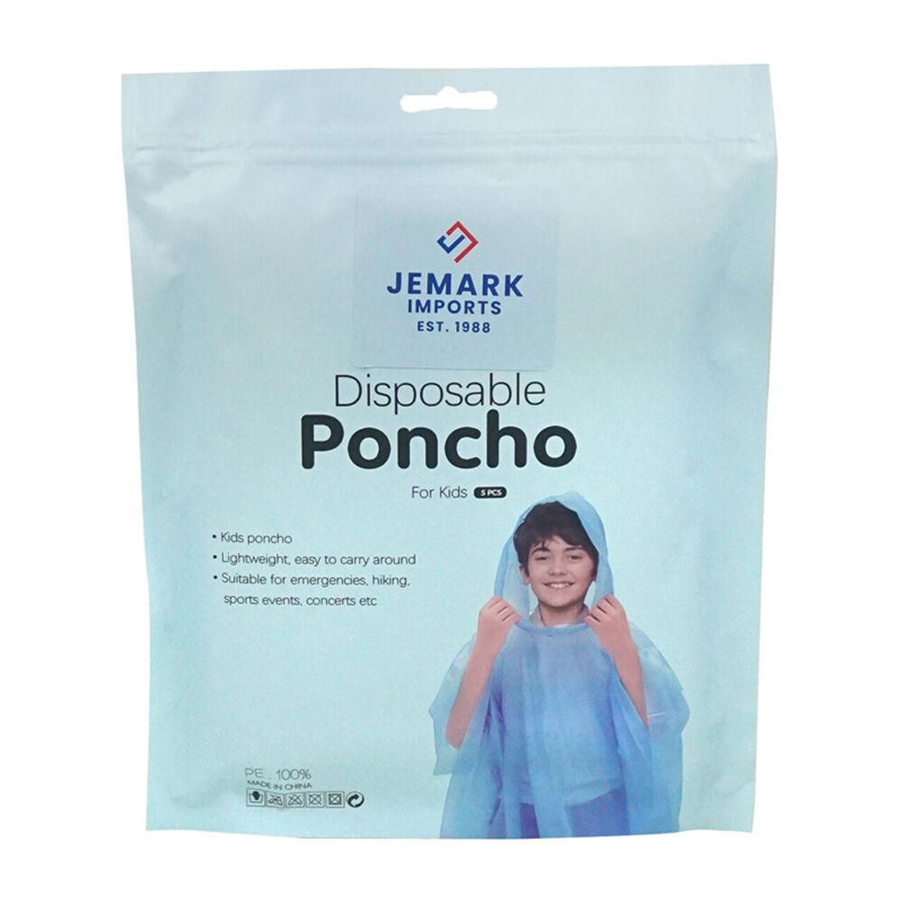 Jemark 5pc Jemark Kids Disposable Waterproof Poncho Rain Cover 80x110cm Assorted (12 Pack) — image 2