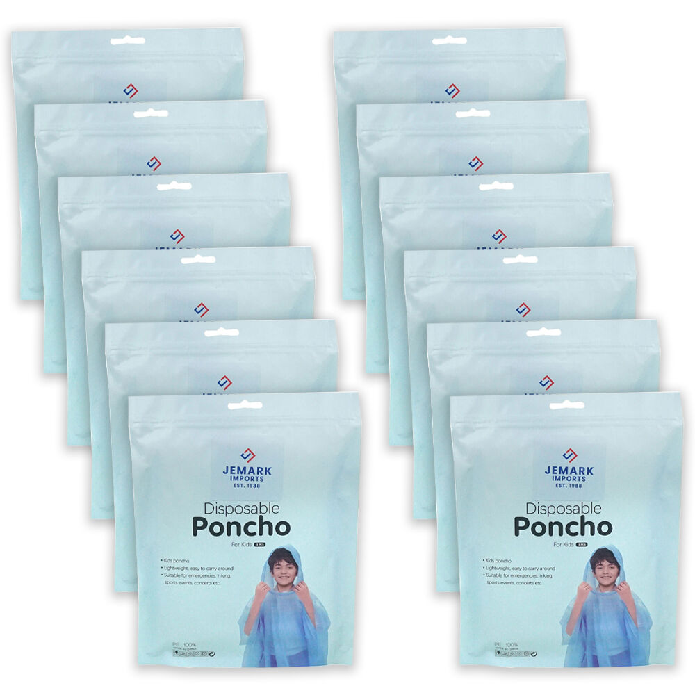 Jemark 5pc Jemark Kids Disposable Waterproof Poncho Rain Cover 80x110cm Assorted (12 Pack)