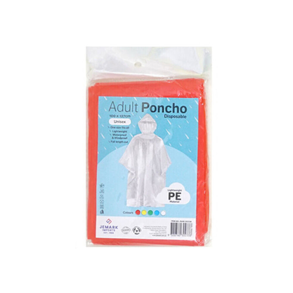 Jemark 100x127cm Adult Disposable Waterproof Poncho Rain Cover Assorted