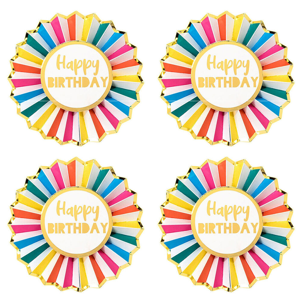 Talking Tables Happy Birthday Badge Rainbow Paper w/ Gold Foil Detail Decor (4 Pack)