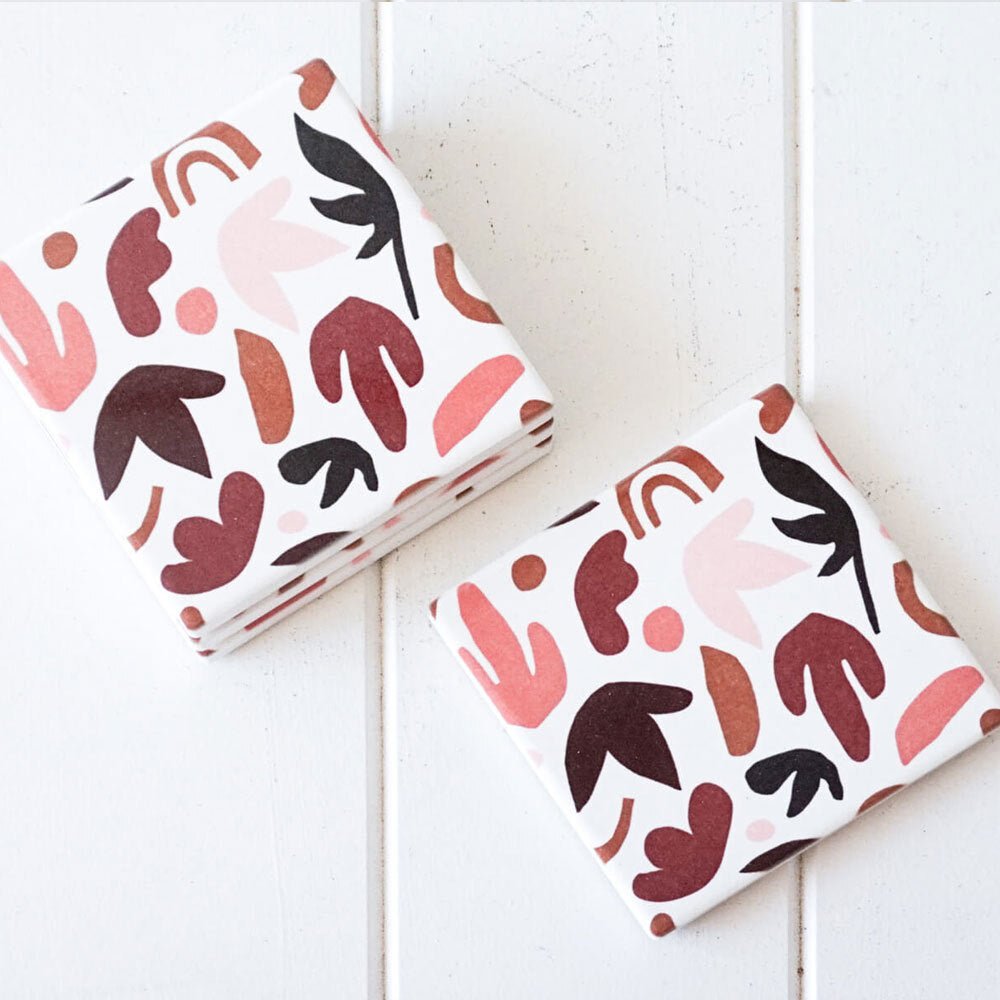 Rayell 10cm Ceramic Square Coasters Blush Leaves Home Decor Drink f/ Cup/Mug (4 Pieces) — image 2