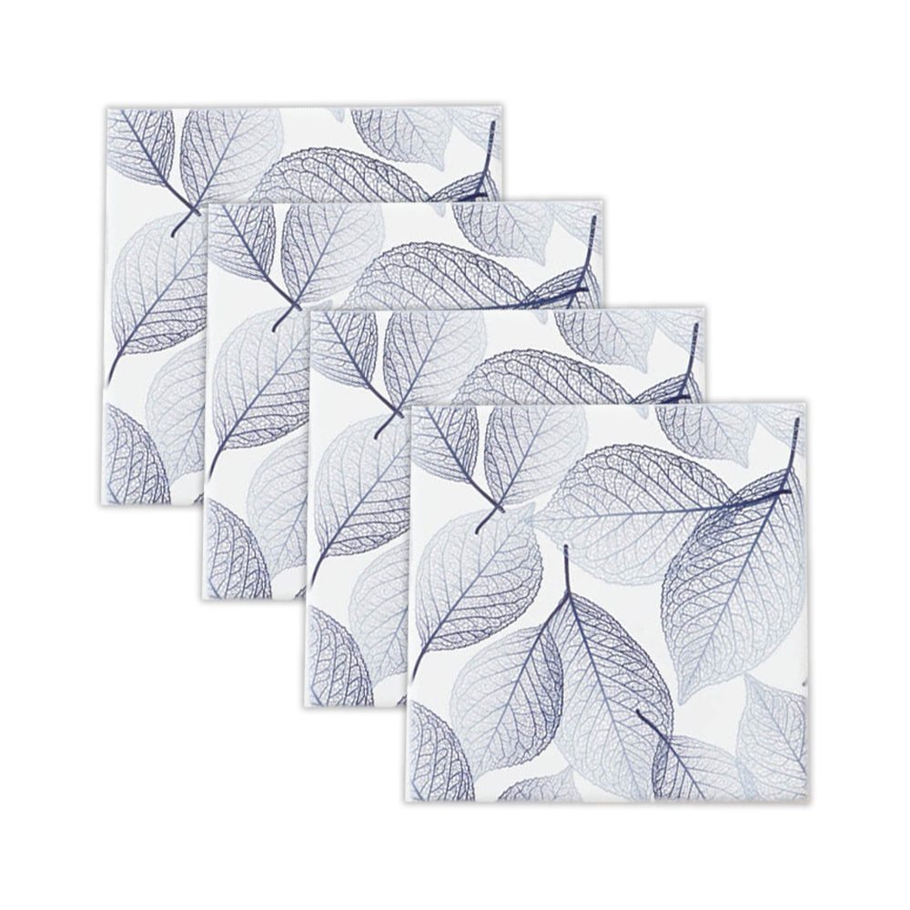 Rayell Ceramic Printed Coaster Leaf Stencil Drink Glass Holder Set (4 Pieces) — Blue