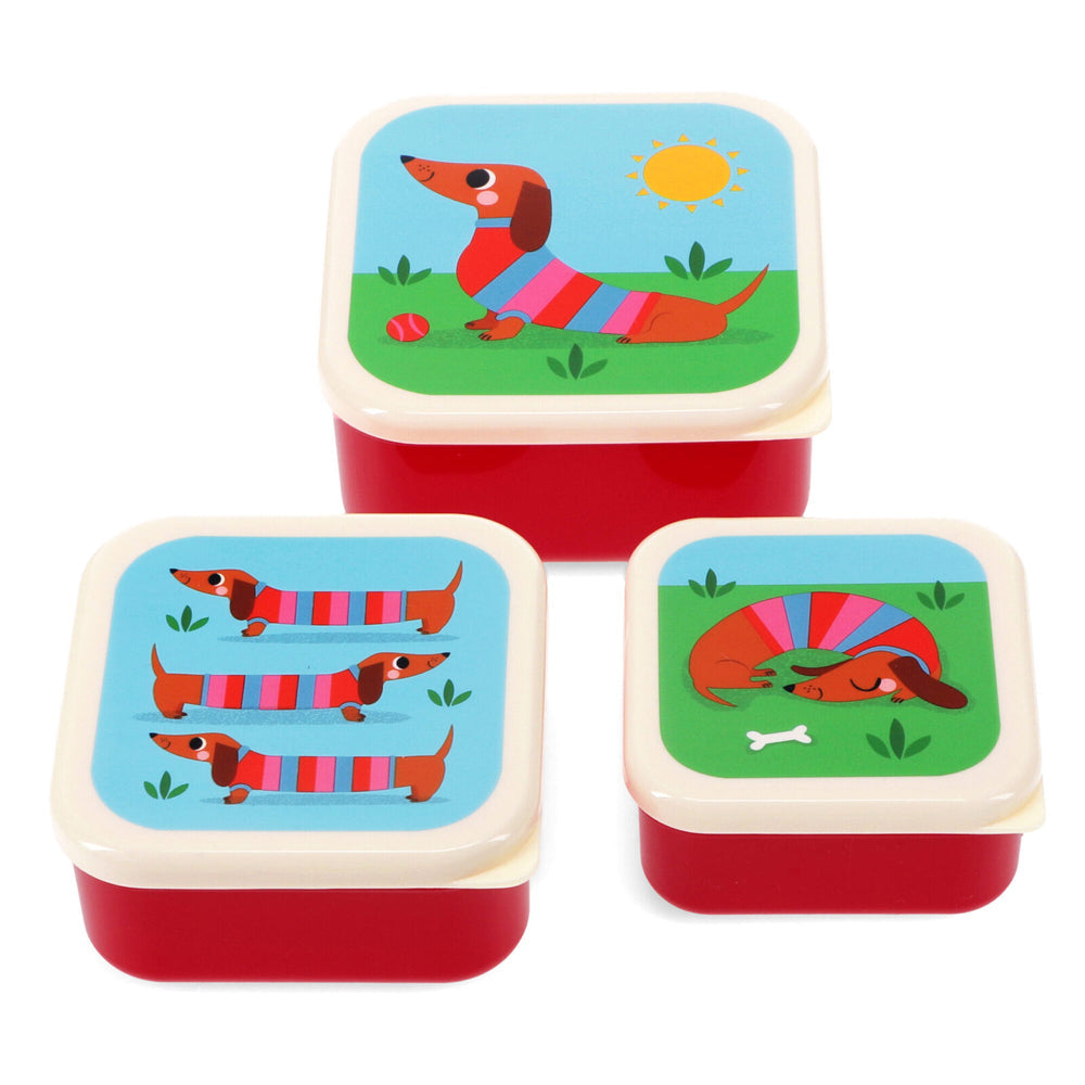 Rex London Kids Plastic Snack/Lunch Box Storage Square Set Sausage Dog (3 Pieces)