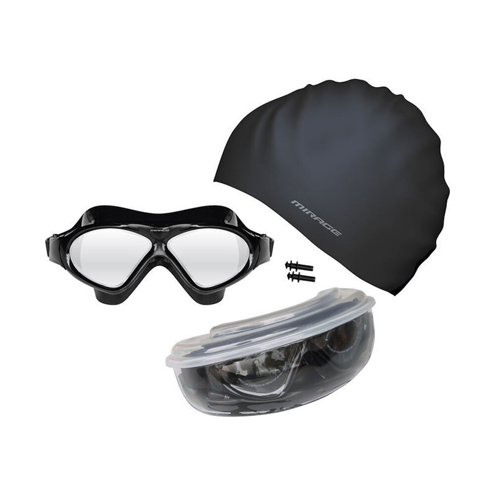 Mirage Bondi Ocean Goggles/Swim Cap/Ear Plugs Swimming Pack — Black