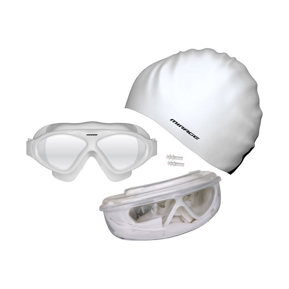 Mirage Bondi Ocean Goggles/Swim Cap/Ear Plugs Swimming Pack — White