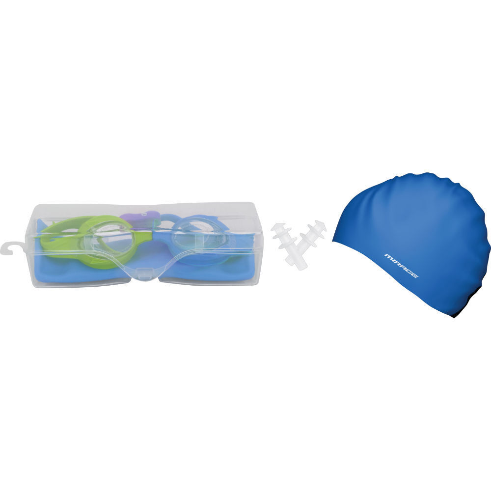 Mirage Green/Blue Kids Goggles/Swim Cap/Ear Plugs Swimming Pack