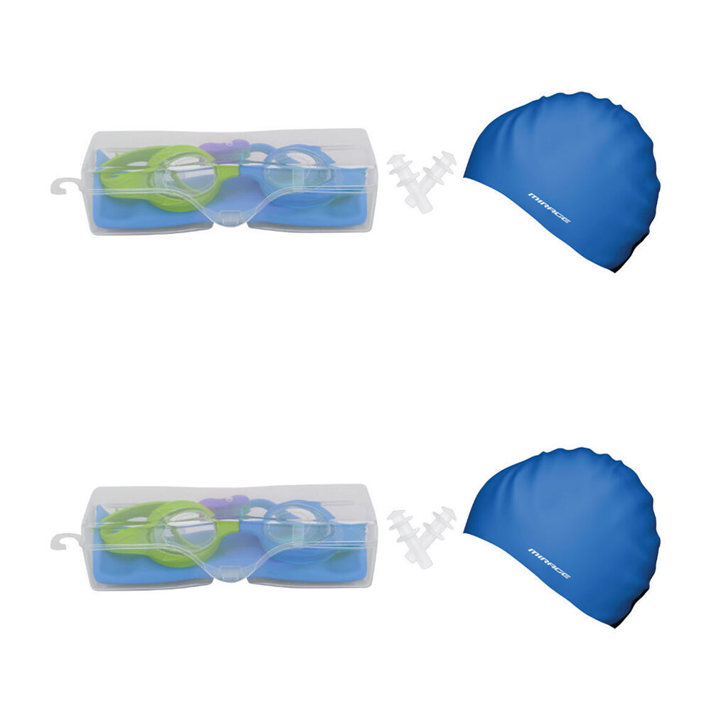 Mirage Kids Goggles/Swim Cap/Ear Plugs Swimming Pack Green/Blue (2 Pack)