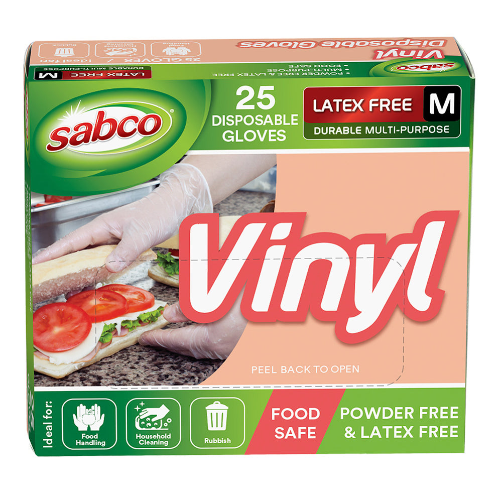 Sabco 23cm Disposable Vinyl Gloves Large - Medium (25 Pieces)