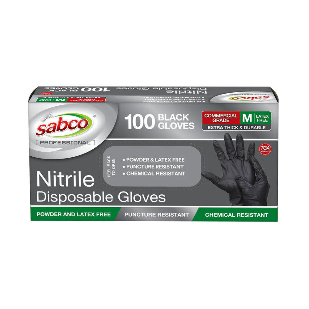 Sabco Professional Nitrite Medium Commercial Grade Disposable Gloves Black (100 Pieces)