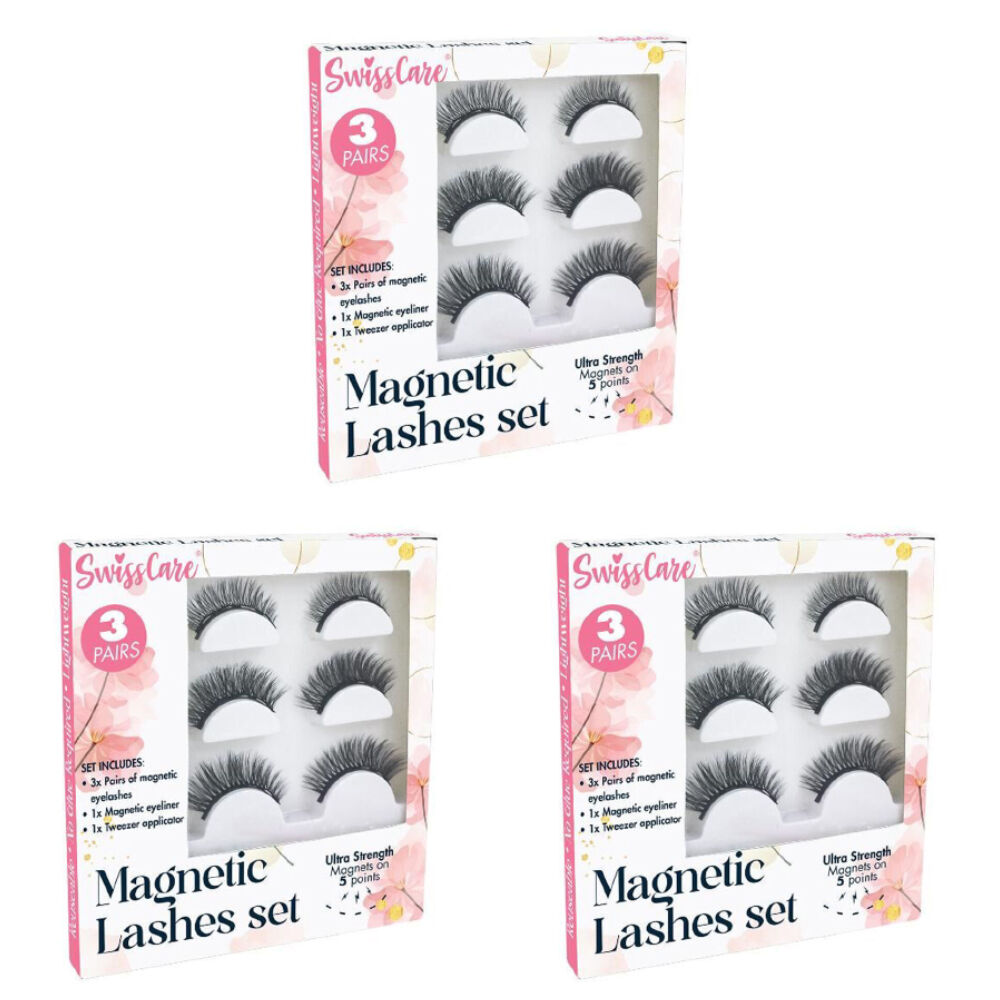 Swisscare 3 Pairs of SwissCare Magnetic Eyelashes w/ Eyeliner & Tweezer Set Reusable (3 Pack)