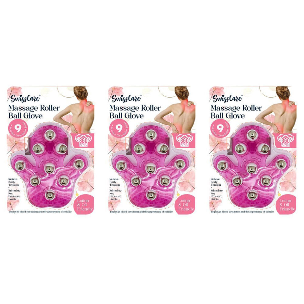 Swisscare Massage Roller Ball Glove 360 Spin Lotion & Oil Friendly Pink (3 Pack)