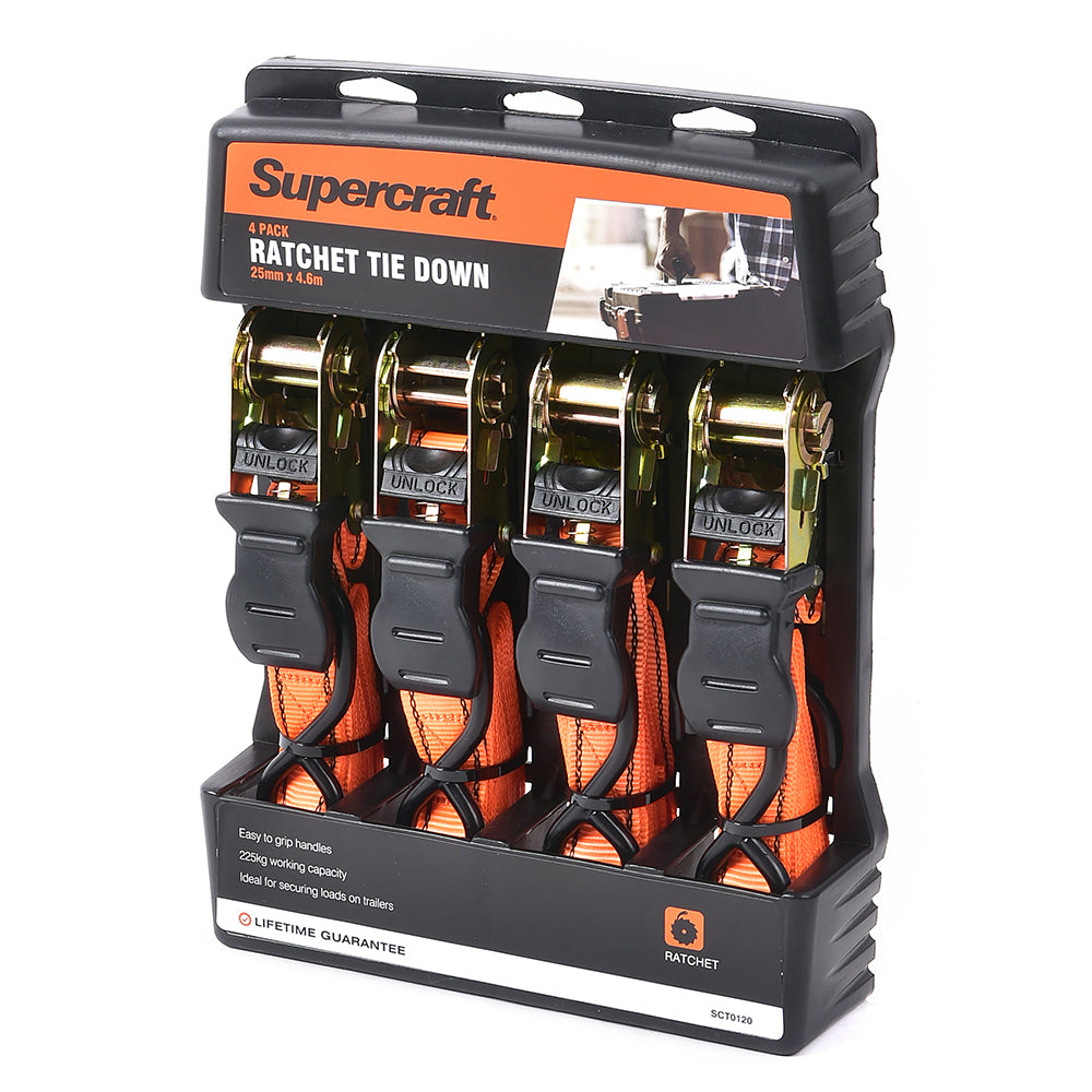 Supercraft Heavy Duty Car/Trailer Transport Tie Down Ratchet Straps 4.6M (4 Pieces)