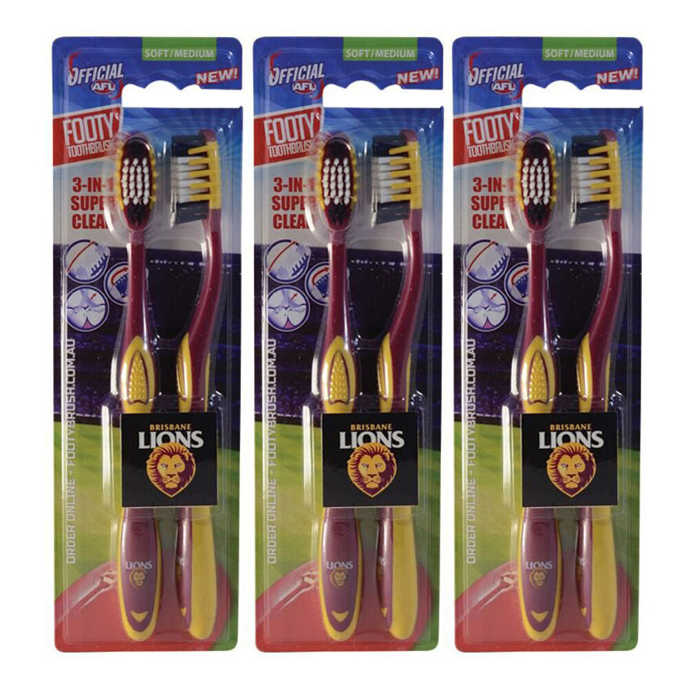 Afl 2pc AFL Toothbrush Brisbane Lions Dental Oral Teeth Clean Care Soft/Medium (3 Pack)