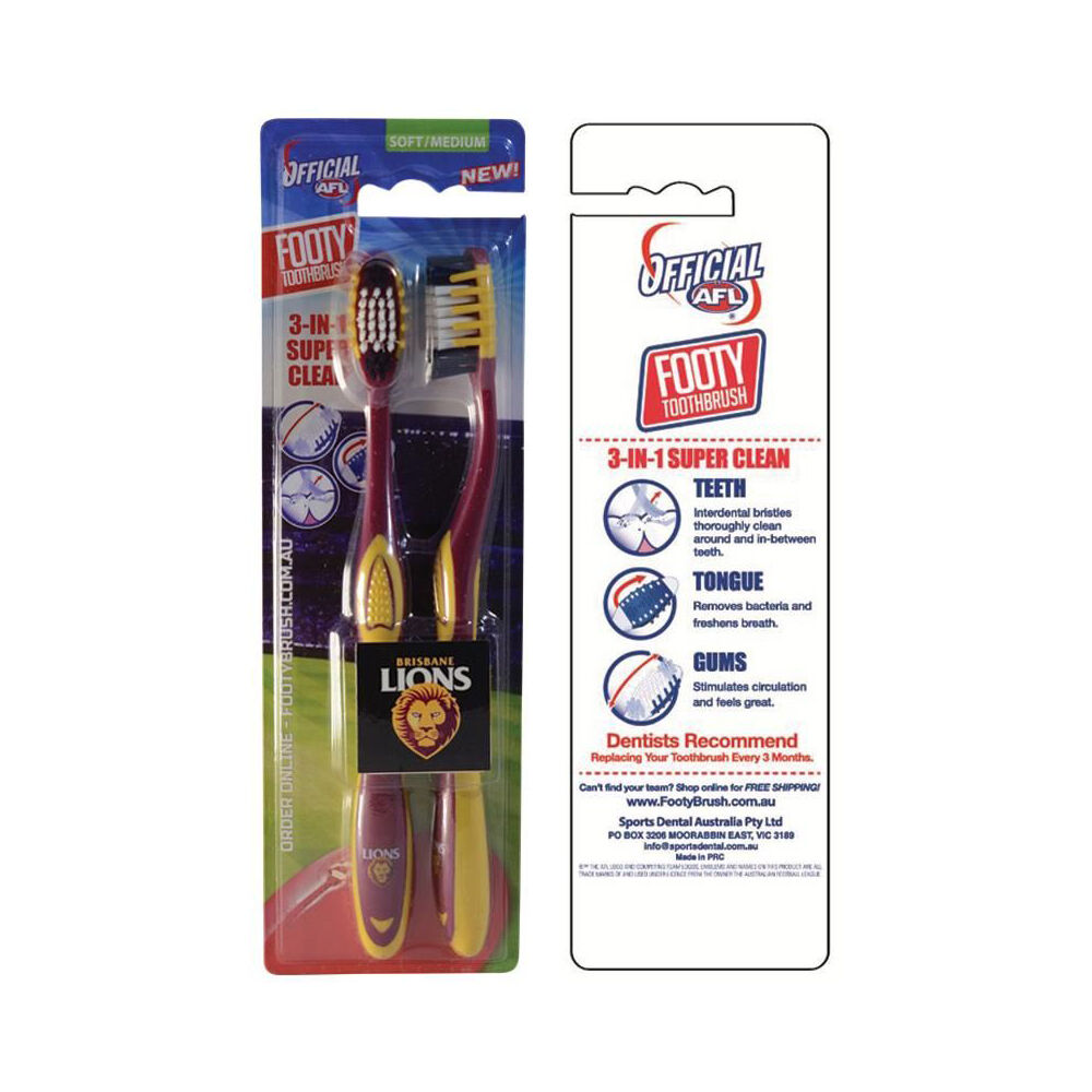Afl 2pc AFL Toothbrush Brisbane Lions Dental Oral Teeth Clean Care Soft/Medium (3 Pack) — image 2