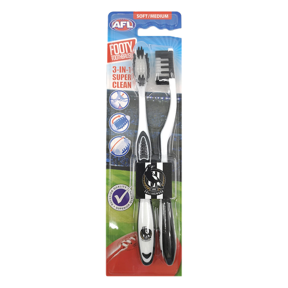 Afl 2pc AFL Soft/Medium Toothbrush Oral Care Collingwood Magpies Kids/Adults 6y+ (3 Pack) — image 2