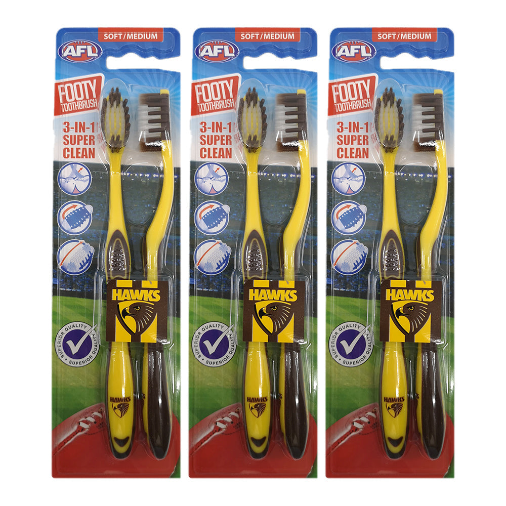 Afl 2pc AFL Soft/Medium Toothbrush Oral Care Hawthorn Hawks Kids/Adults 6y+ (3 Pack)