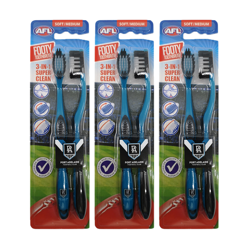 Afl 2pc AFL Soft/Medium Toothbrush Oral Care Port Adelaide Power Kids/Adults 6y+ (3 Pack)