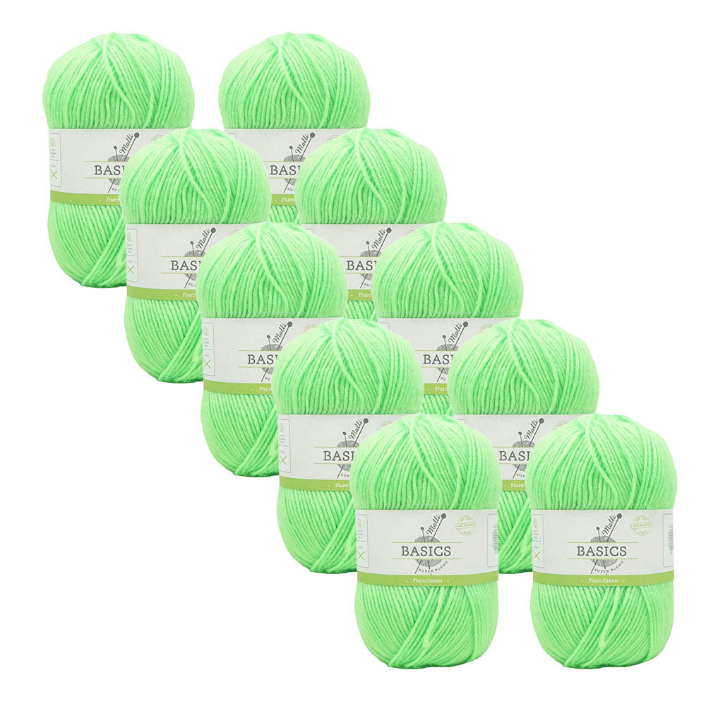Malli Flouro Green Blend Basic 100g Knitting Craft Yarn Acrylic/Poly (10 Pack)