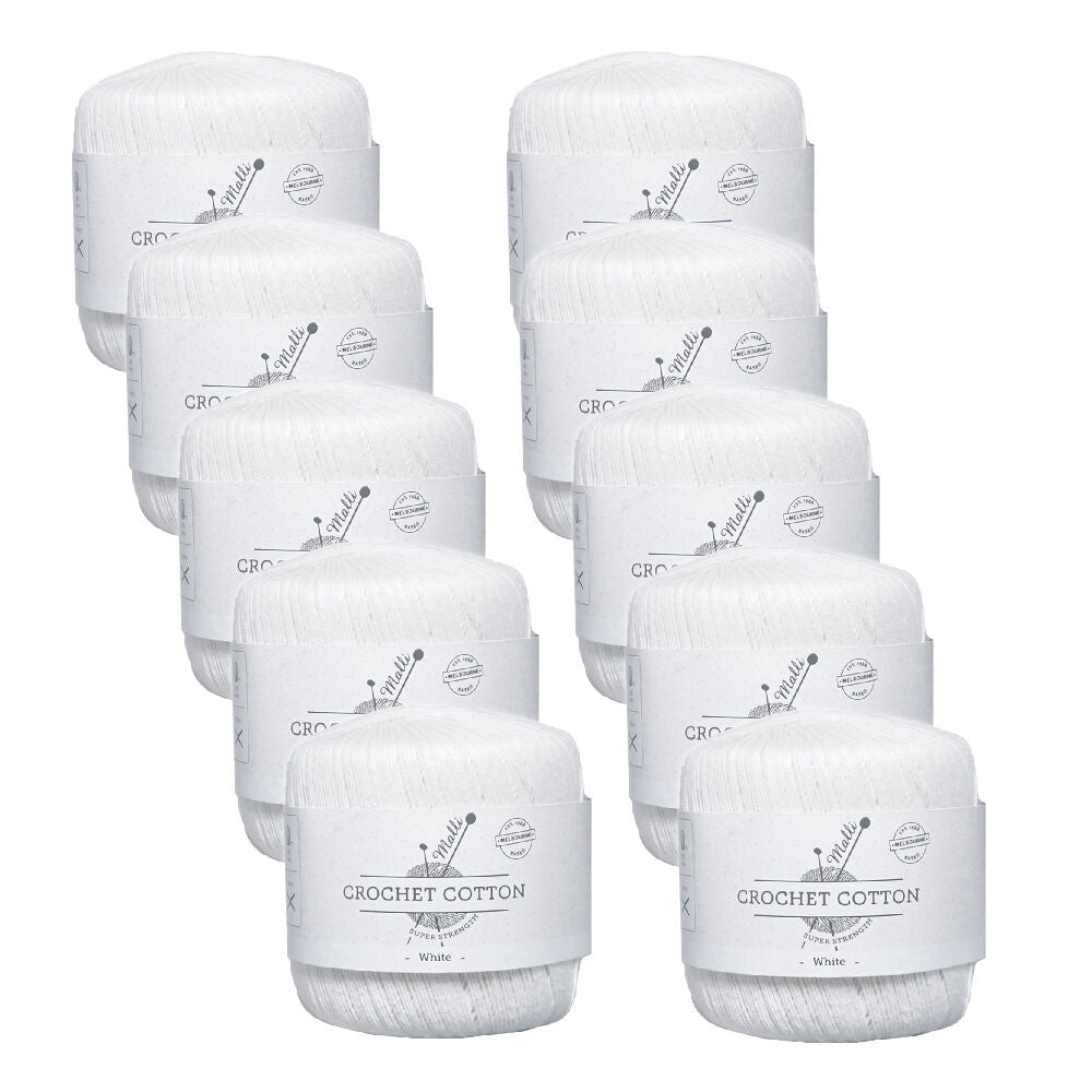 Malli Super Strength 100% Cotton Crochet Knitting Yarn 3ply 50g White (10 Pack)