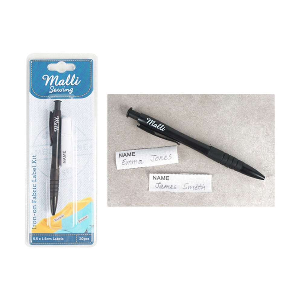 Malli Sewing Iron-On Fabric/Garment Name Label & Pen Kit 5.5x1.5cm Black (12 Pack) — image 3