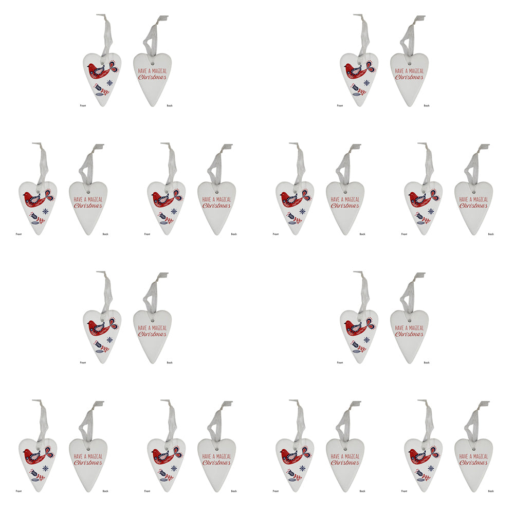 LVD Ceramic Gift Heart Folk Home Xmas Hanging Ornament Decor 6x8cm White (12 Pack)
