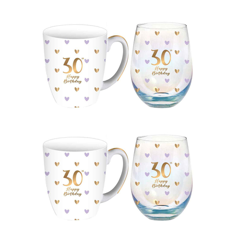LMD Glass 30th Sweet Heart Mug & Stemless Set Drinkware 400ml/520ml (2 Pack)